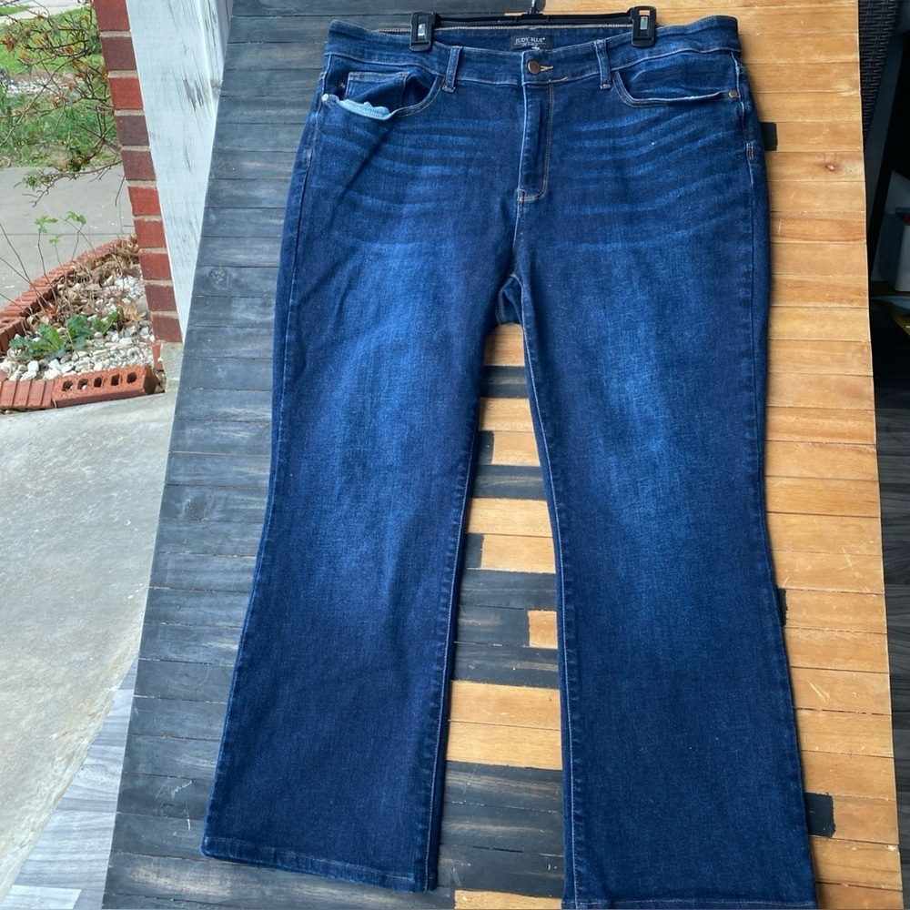 Judy BlueJeans Womens bBootcut Boho Distressed Dark Blue Wash Stretch Denim J-20